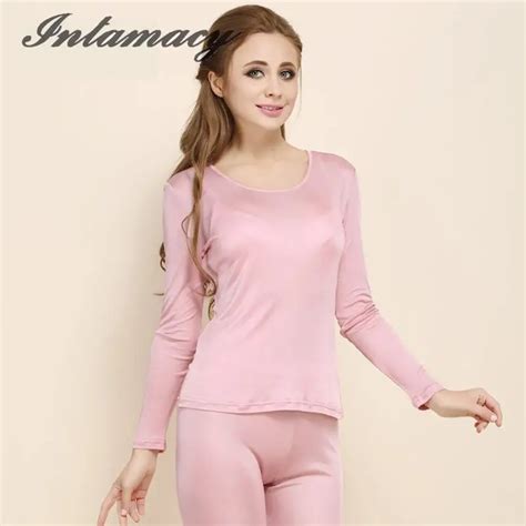 Ladies Silk Knitting T shirt Pure Low Thermal Underwear Sets 100% Silk Long Johns-in Long Johns ...