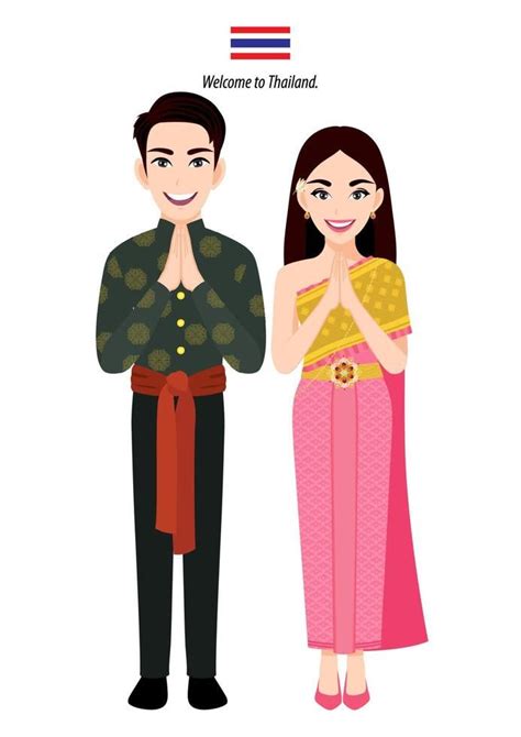 Thailand male and female in traditional costume or Thai people greeting Sawasdee and Thai flag ...