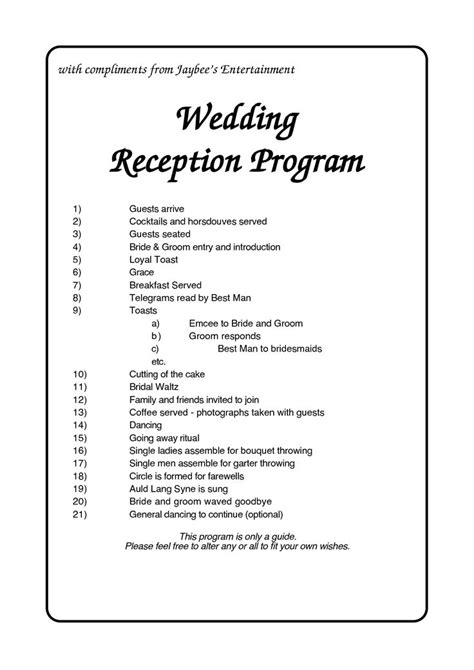 Reception examples | Wedding reception timeline, Wedding reception ...