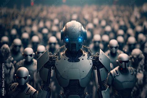 A robot in front of a crowd of robots. The robotic army of the future concept. Rise of the ...