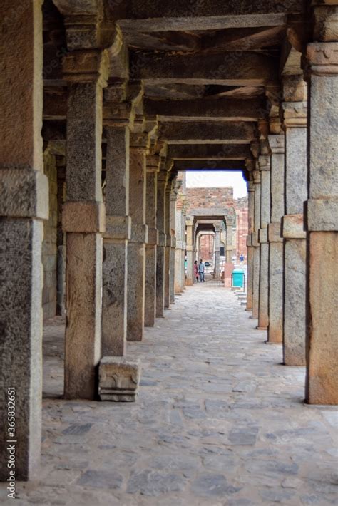 Inside the Qutub Minar Complex with antic ruins and inner square ...