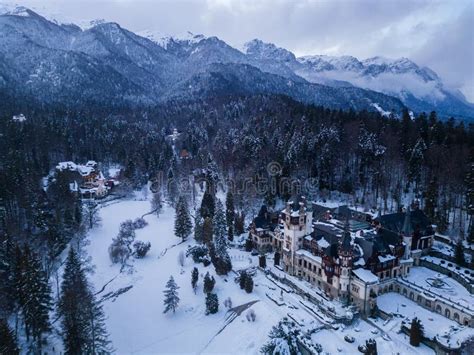 Aerial View of Peles Castle in Winter. Sinaia, Romania. Stock Image - Image of landmark, forest ...