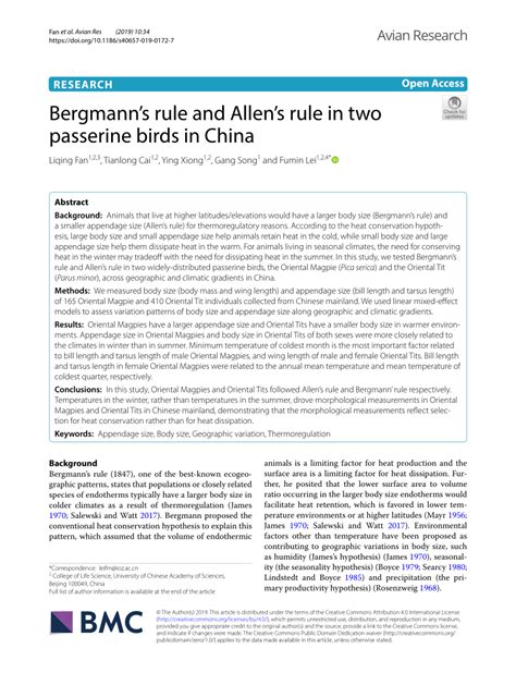 (PDF) Bergmann’s rule and Allen’s rule in two passerine birds in China