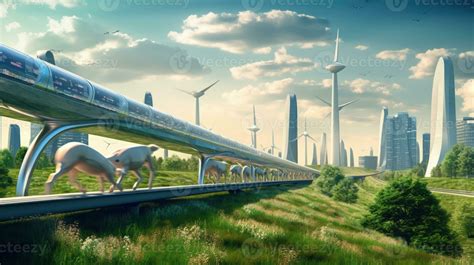 Futuristic Hyperloop Train with Integrated Solar Collectors and Wind Turbine in Modern City ...