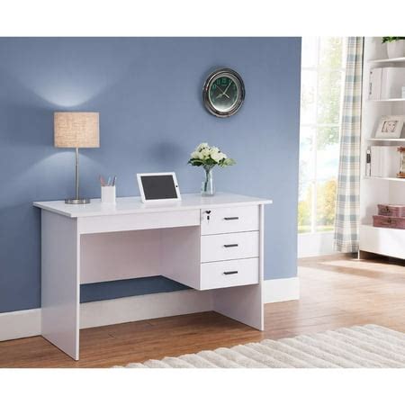 Modern Office Desk With Three Locking Drawers, White - Walmart.com