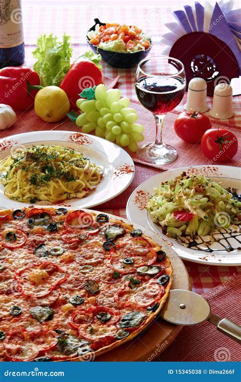 Italian Food Setting With Pizza, Pasta And Wine Stock Photo - Image ...