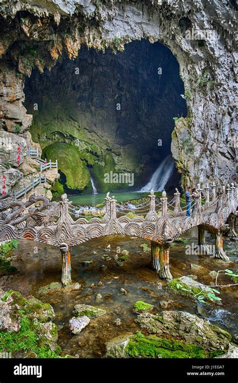 China, Guizhou, Dragon Palace Scenic Area. Cave Carved by waterfall within the Limestone Karst ...