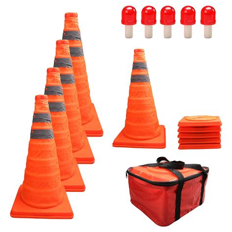 HYDDNice 5 Pack 18" Collapsible Traffic Cones with LED Lights Reflective Safety Cones 2 ...