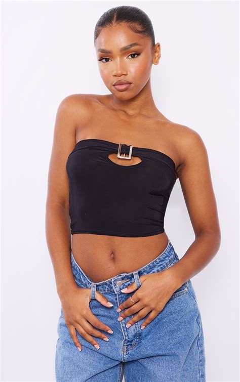 Black Slinky Buckle Crop Top | Tops | PrettyLittleThing