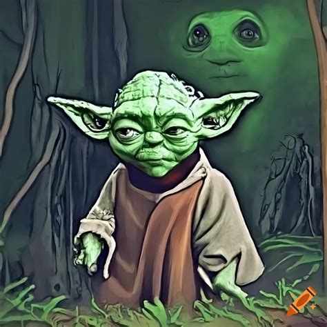 Image of yoda in a forest talking to ghosts on Craiyon