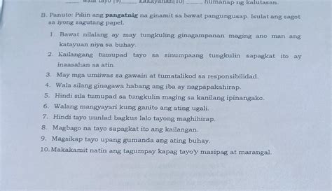 B. Panuto: Piliin ang pangatnig na ginamit sa bawat pangungusap. Isulat ...