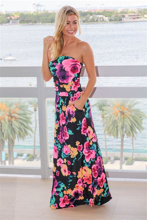 Black and Hot Pink Floral Strapless Maxi Dress | Maxi Dresses – Saved ...