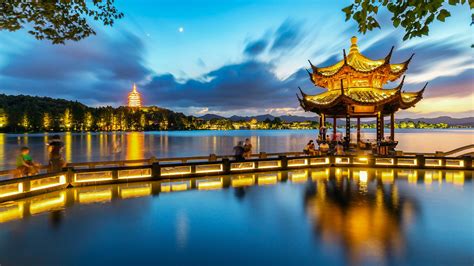 壁紙 杭州、夕影亭、湖、公園、夜、ライト、中国 2880x1800 無料のデスクトップの背景, 画像