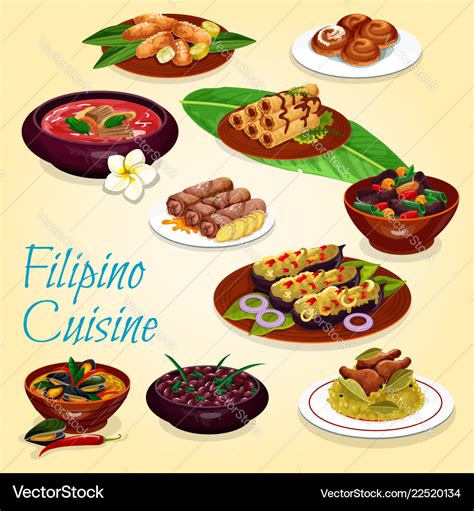 Filipino national cuisine dishes and desserts Vector Image