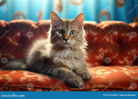 Feline Fashion: a Cozy Cat on a Blue Wallpapered Couch Stock ...