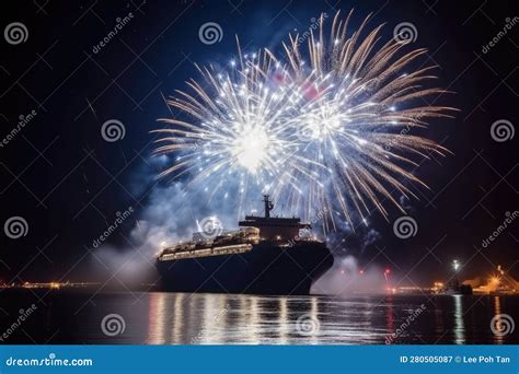 Cruise Ship in the Sea with Fireworks at the Night Stock Illustration - Illustration of cruise ...