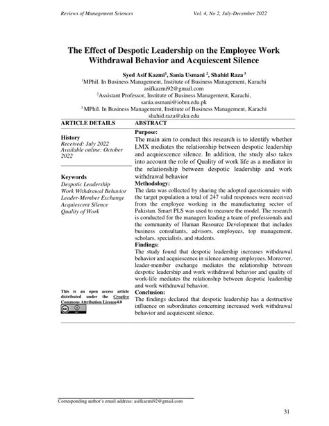 (PDF) The Effect of Despotic Leadership on the Employee Work Withdrawal Behavior and Acquiescent ...