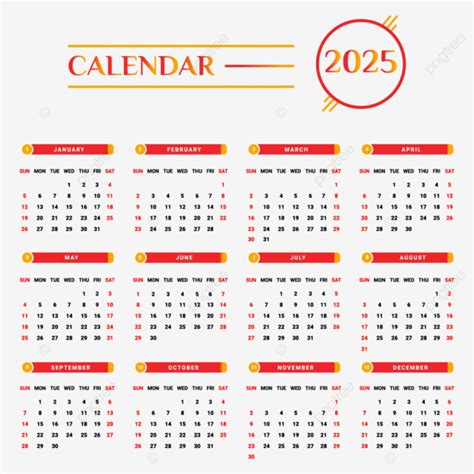 Calendario Amarillo Y Rojo 2025 Con Diseño único Vector PNG , Calendario, Calendario 2025 ...