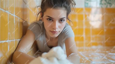 Premium Photo | Woman scrubbing the bathroom tiles with a determined ...