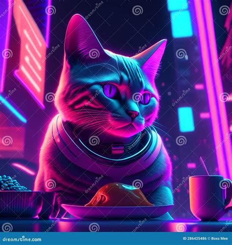 Cute Cat with Blue Eyes Sits at Table with Plate of Food in Neon Light. Generative AI Stock ...