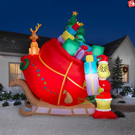 13' Gemmy Airblown Inflatable Colossal Christmas Grinch and Max Sleigh Scene Yard Decoration 882851