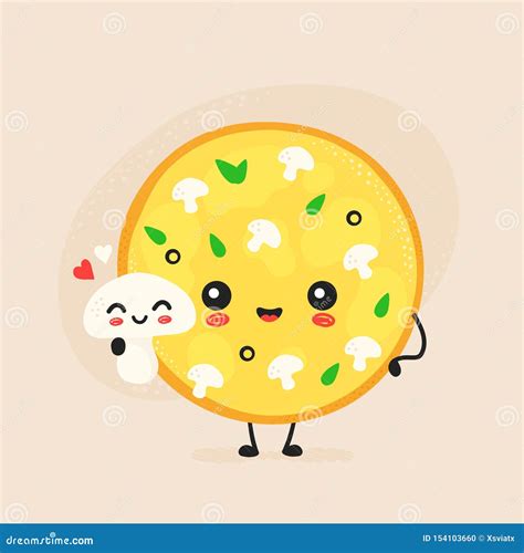 Cute Happy Mushroom Pizza Character Stock Vector - Illustration of green, cheese: 154103660