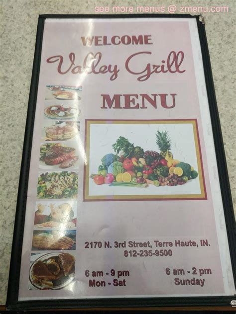 Menu at Valley Grill restaurant, Terre Haute