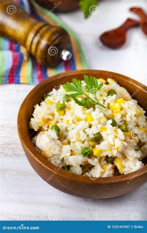 Boiled Rice with Vegetables in a Wooden Bowl Stock Image - Image of ...