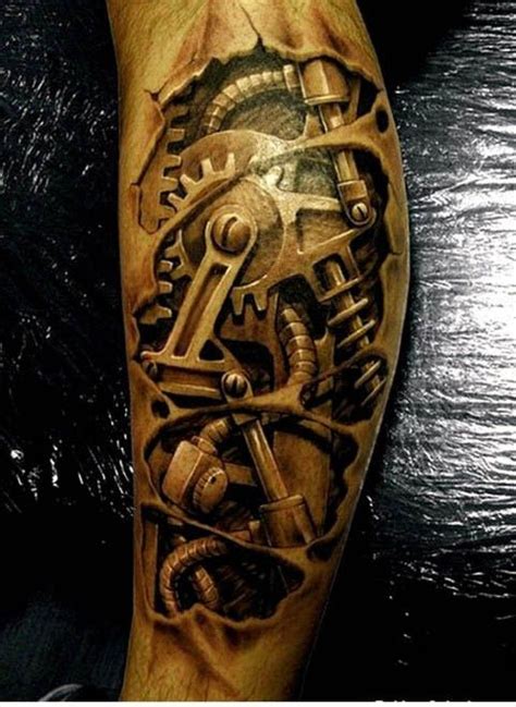 Mens Ripped Skin Tattoo With Realistic 3d Mechanical Gears On Leg 3d Tattoos For Men, Tattoos 3d ...