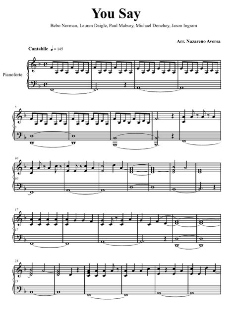 You Say (arr. Nazareno Aversa) Sheet Music | Lauren Daigle | Piano Solo