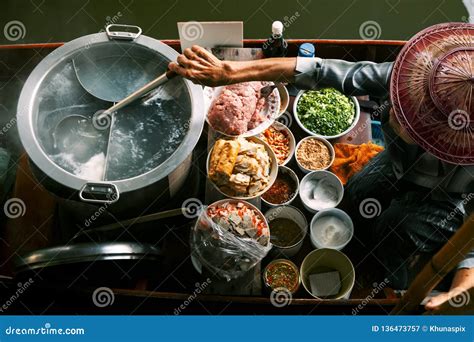 Thai Noodle Food Making on Floating Boat in Floating Market Thailand Stock Image - Image of ...