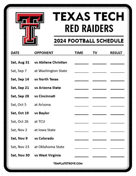 Printable 2024 Texas Tech Red Raiders Football Schedule