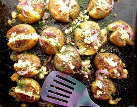 Roasted Greek Potatoes Recipe With Feta Cheese, Oregano And Onion