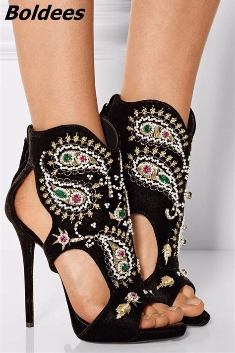 Glamorous Black Suede Embroidery Crystal Decorated Heels Sexy Cut out Peep Toe Stiletto Heel ...