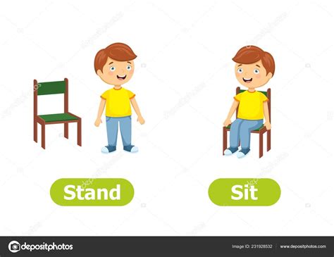 Vector Antonyms Opposites Stand Sit Cartoon Characters Illustration White Background Stock ...