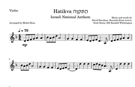 Israel National Anthem (hatikvah) (arr. Harmonistas) by David Davidson Sheet Music for Violin ...