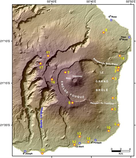 Map of Piton de la Fournaise (PDLF) showing our archeomagnetic sampling... | Download Scientific ...