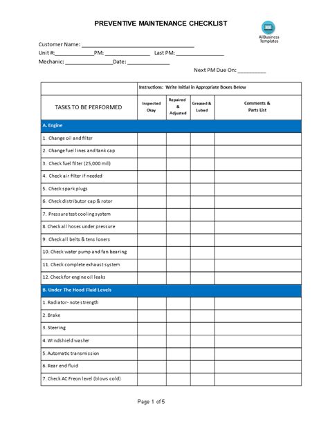 Equipment Pm Checklist Template