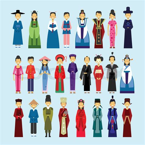 Set Of People In Traditional Asian Clothing, Male And Female National ...