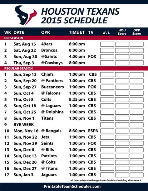 Texans Printable Schedule - PrintableSchedule.net | Printable Schedule