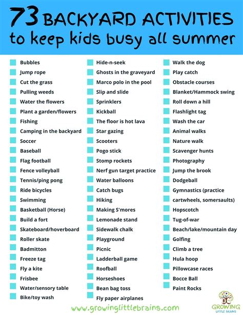 FREE PRINTABLE: 73 Backyard Activities to keep kids busy all summer | Backyard activities ...