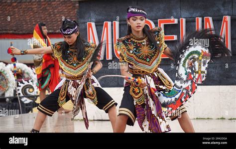 Jaranan dance, a traditional dance from Java. Jaranan comes from jaran which means horse Stock ...