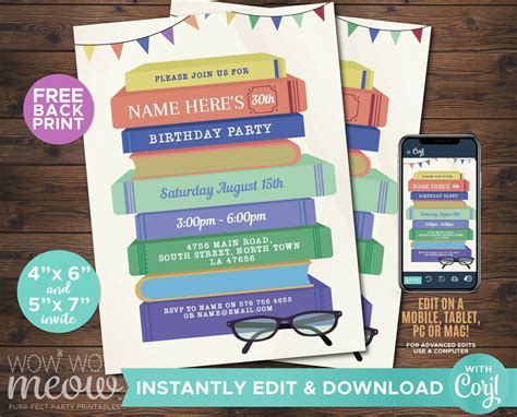 Books Birthday Party Invitation Library INSTANT DOWNLOAD - Etsy UK ...