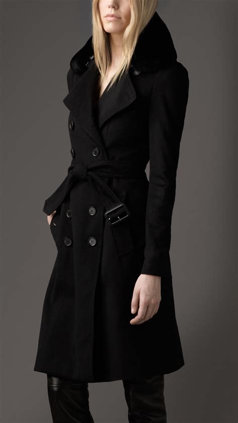 Lyst - Burberry Long Fur Collar Cashmere Trench Coat in Black