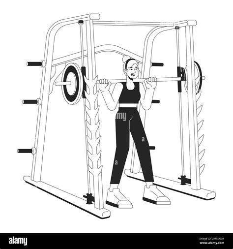 Woman with barbell in weight power rack flat line black white vector character Stock Vector ...