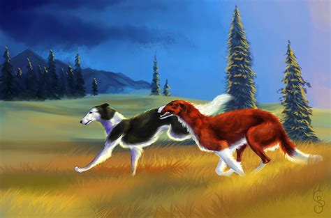 Photos Sighthound dog Run Two Grass Animals Painting Art