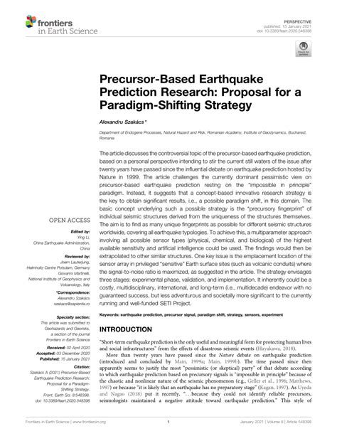 (PDF) Precursor-Based Earthquake Prediction Research: Proposal for a Paradigm-Shifting Strategy