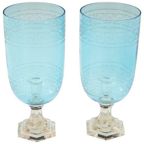 Pair of Blue Glass Hurricanes at 1stDibs