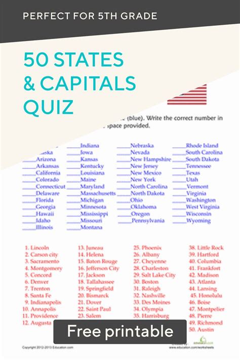 50 States and Capitals Quiz - Studying the 50 U.S. state capitals? Use this printable and answer ...