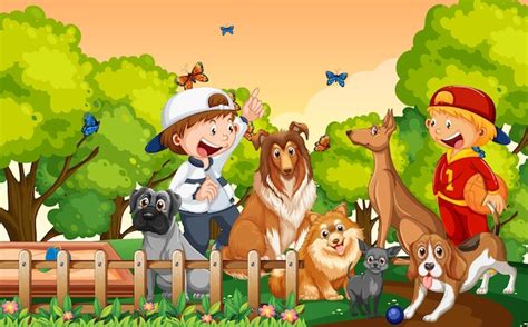 Niños jugando con sus animales en el parque. | Vector Gratis